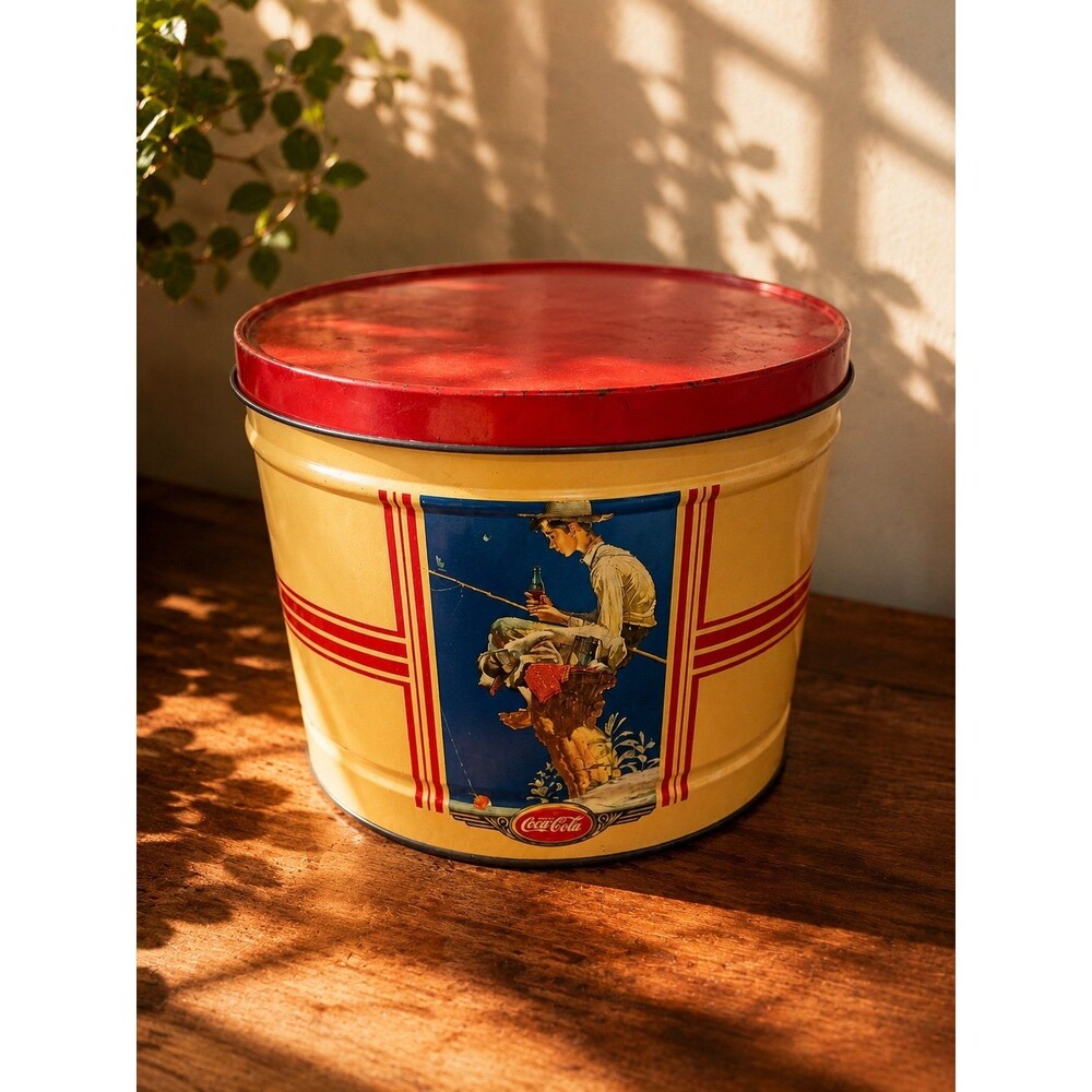 Vintage Coca-Cola Norman Rockwell Metal Cookie Tin Canister w/ Lid 10” x 7”